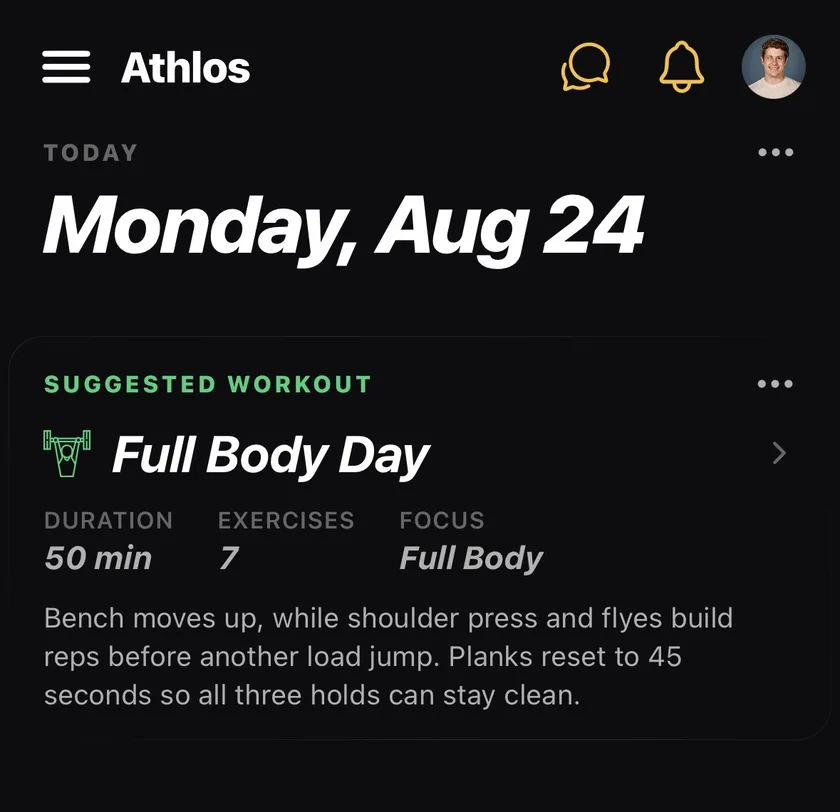 Athlos dashboard for Monday with Full Body Day suggested, 50 minutes, and Athlos's reasoning for the changes
