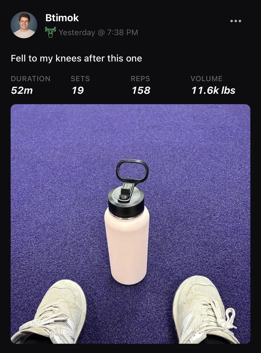 A shared workout post with duration, sets, reps, and volume