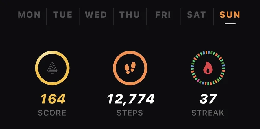 Week strip with daily score, steps, and streak rings