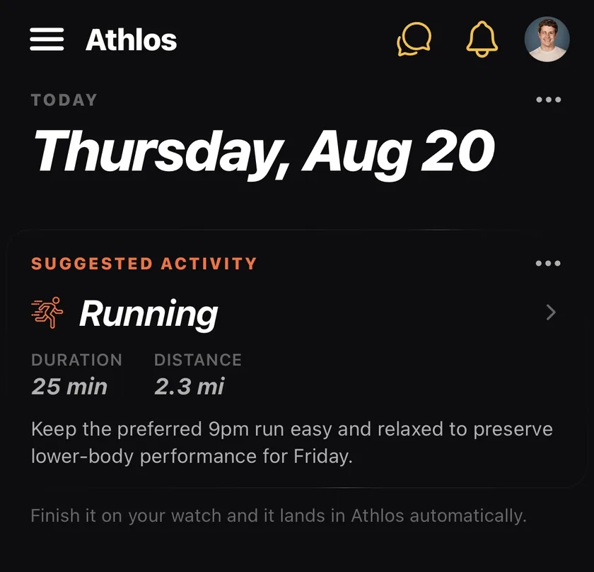 Thursday's home screen suggesting an easy 25-minute run to protect Friday's session